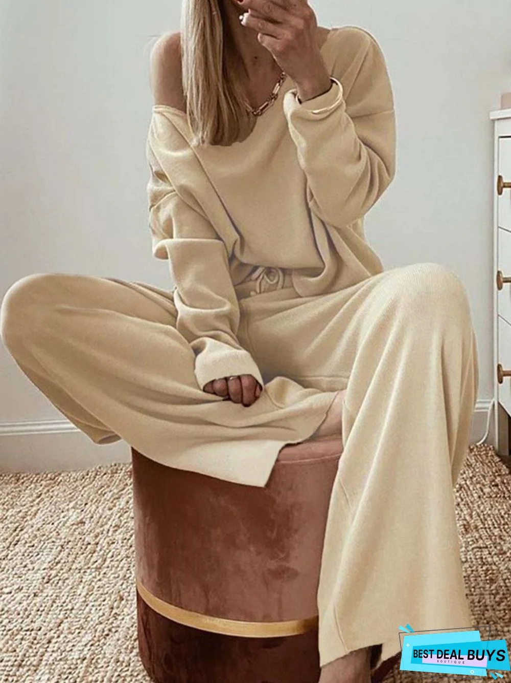 Plain Long Sleeve Casual Two Piece Set