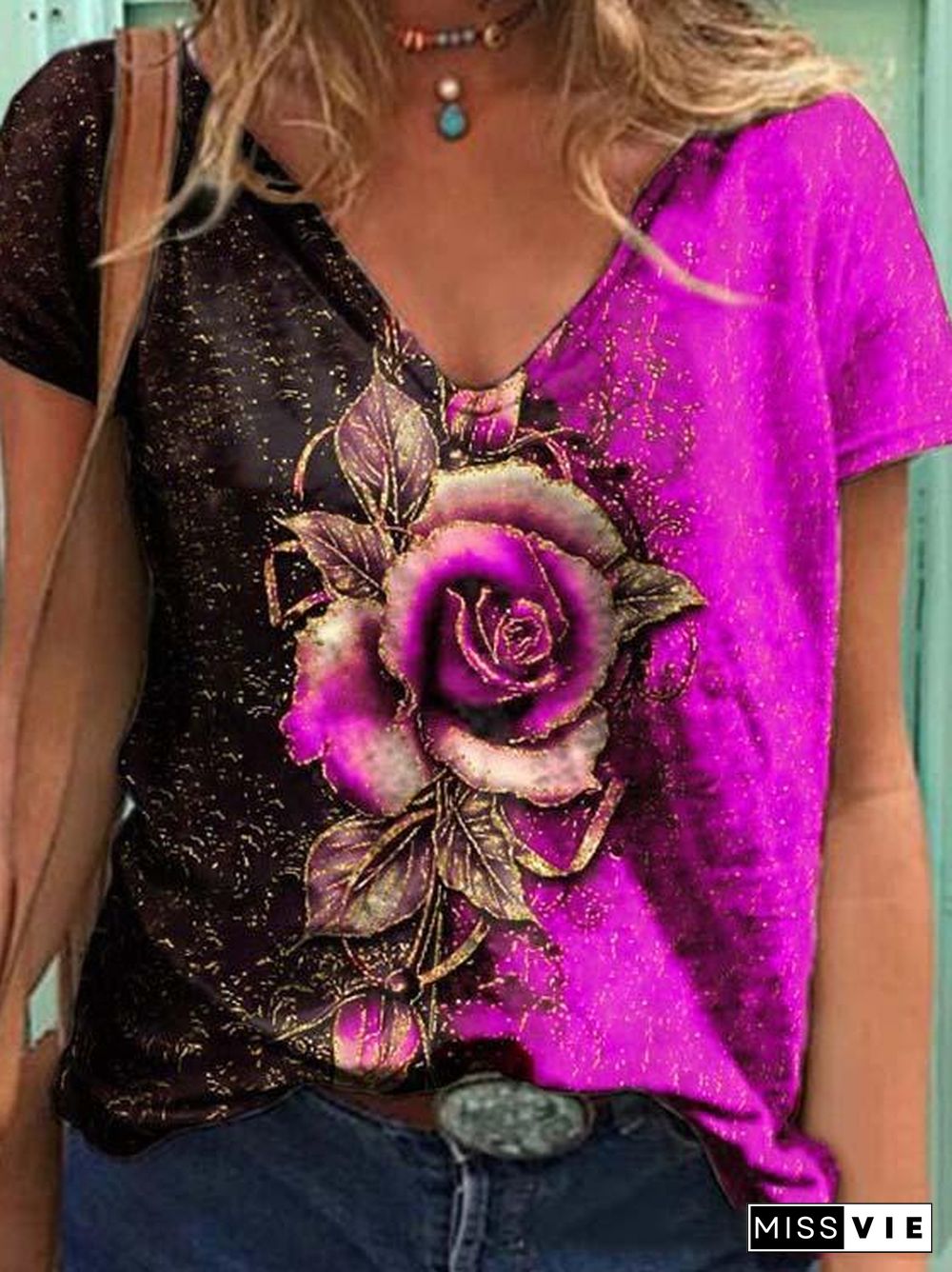Women's V-neck Short Sleeve Floral Printed Tops