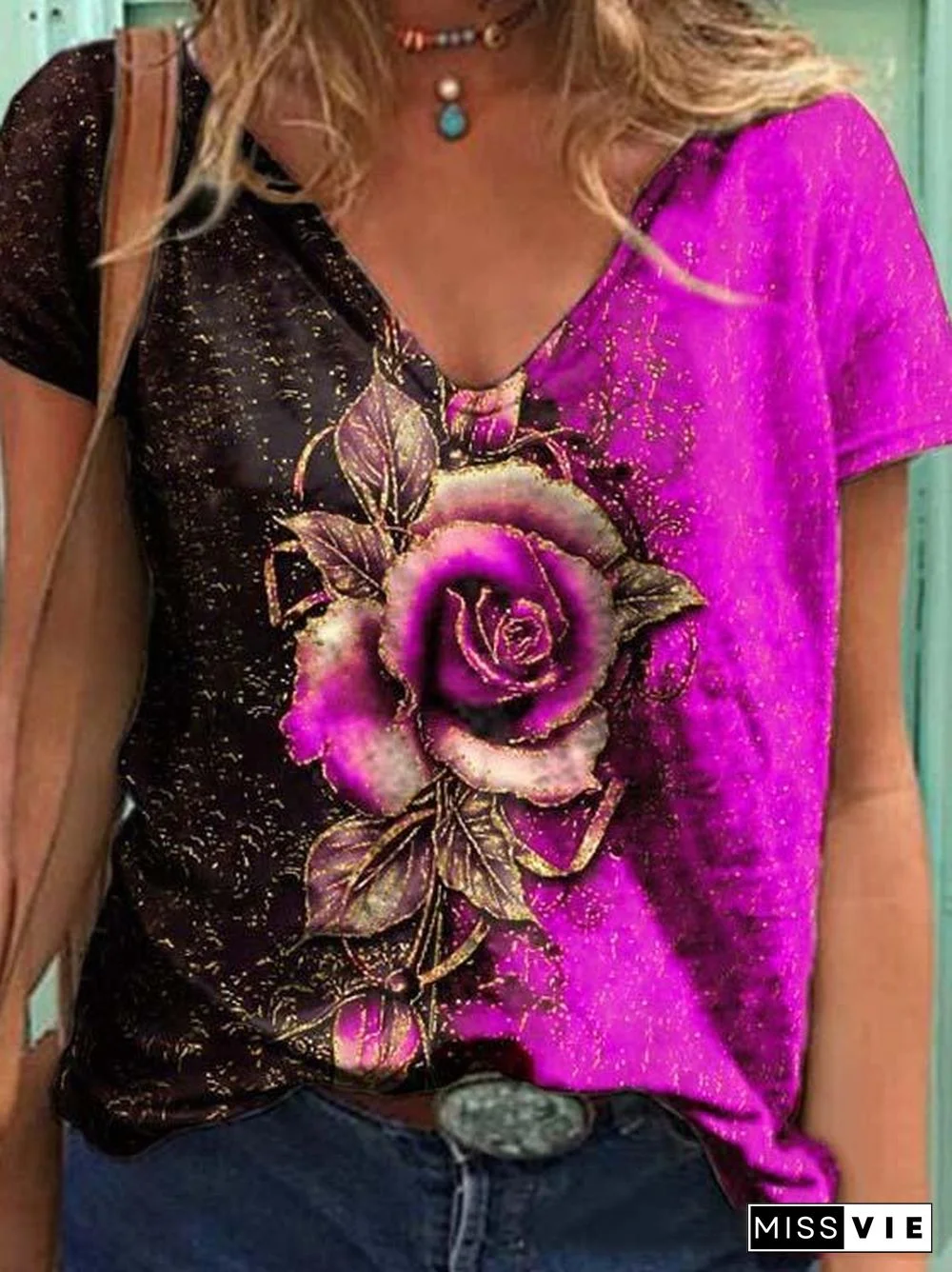 Women's V-neck Short Sleeve Floral Printed Tops