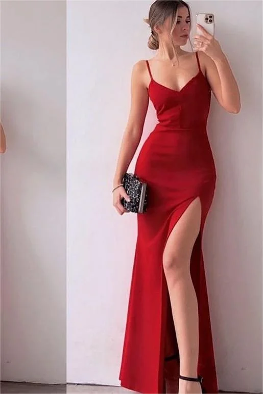 Hellodresses Simple Red Stain Spaghetti Strap Sleeveless Long Prom Dress With Split