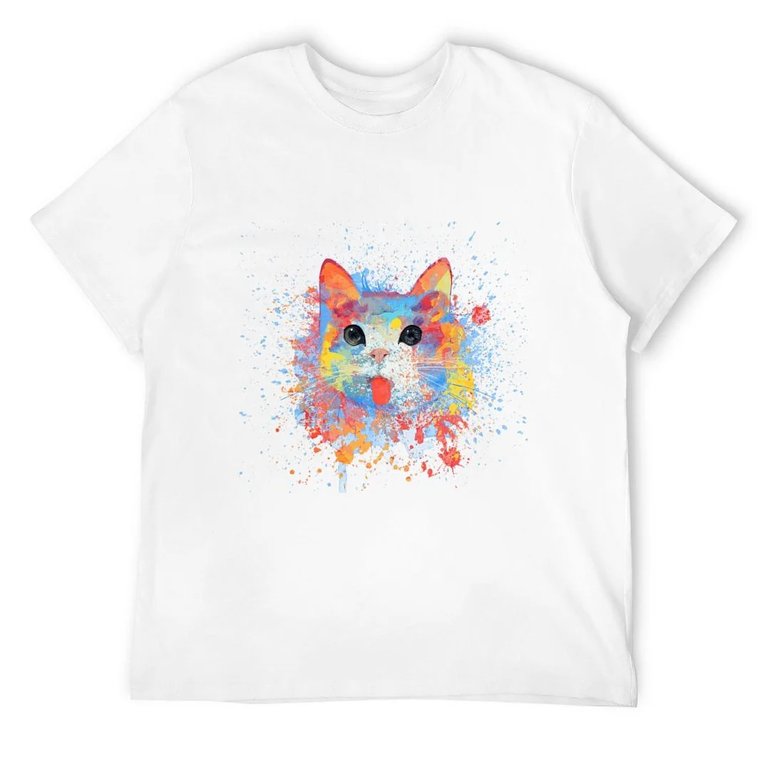 Women plus size clothing Printed Unisex Short Sleeve Cotton T-shirt for Men and Women Pattern  Painted Cat-Nordswear
