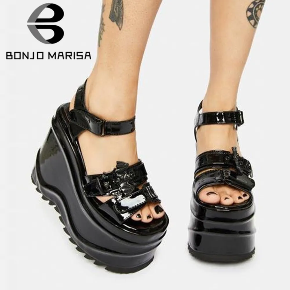 New Arrivals Open Toe Black Bat Patent Platform Wave Heel Wedges women's Sandals Summer Cool Punk Gothic Brand Footwear Women