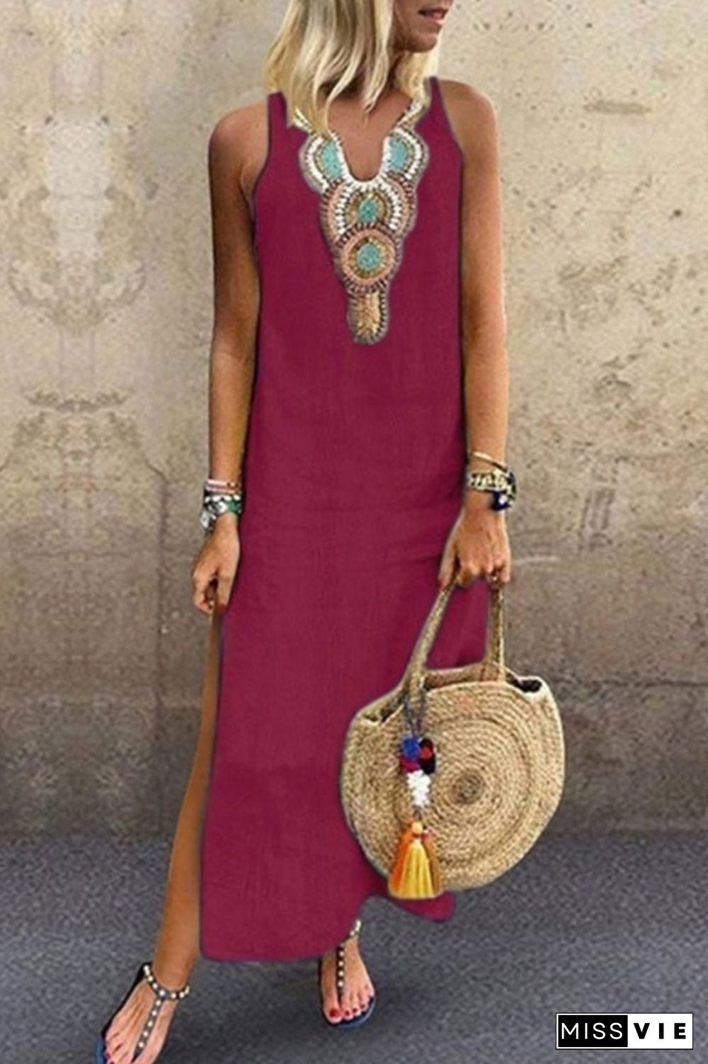 Casual Print Slit V Neck A Line Dresses(7 Colors)