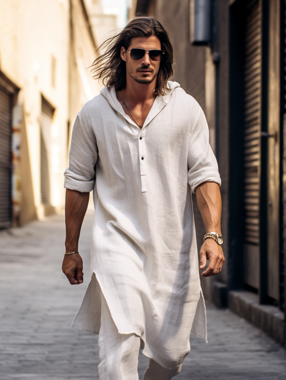 White Men Linen Kaftan Solid Hoodie Long Caftan