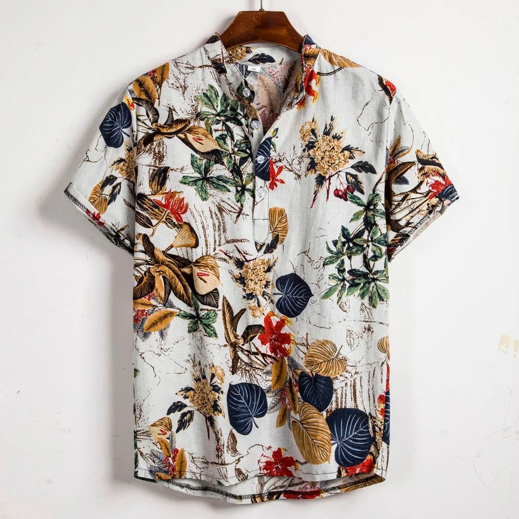 Mens Beach Hawaiian Shirt Tropical Summer Short Sleeve Shirt Men Cotton Linen Clothing Casual Loose Button Down Shirt Plus Size