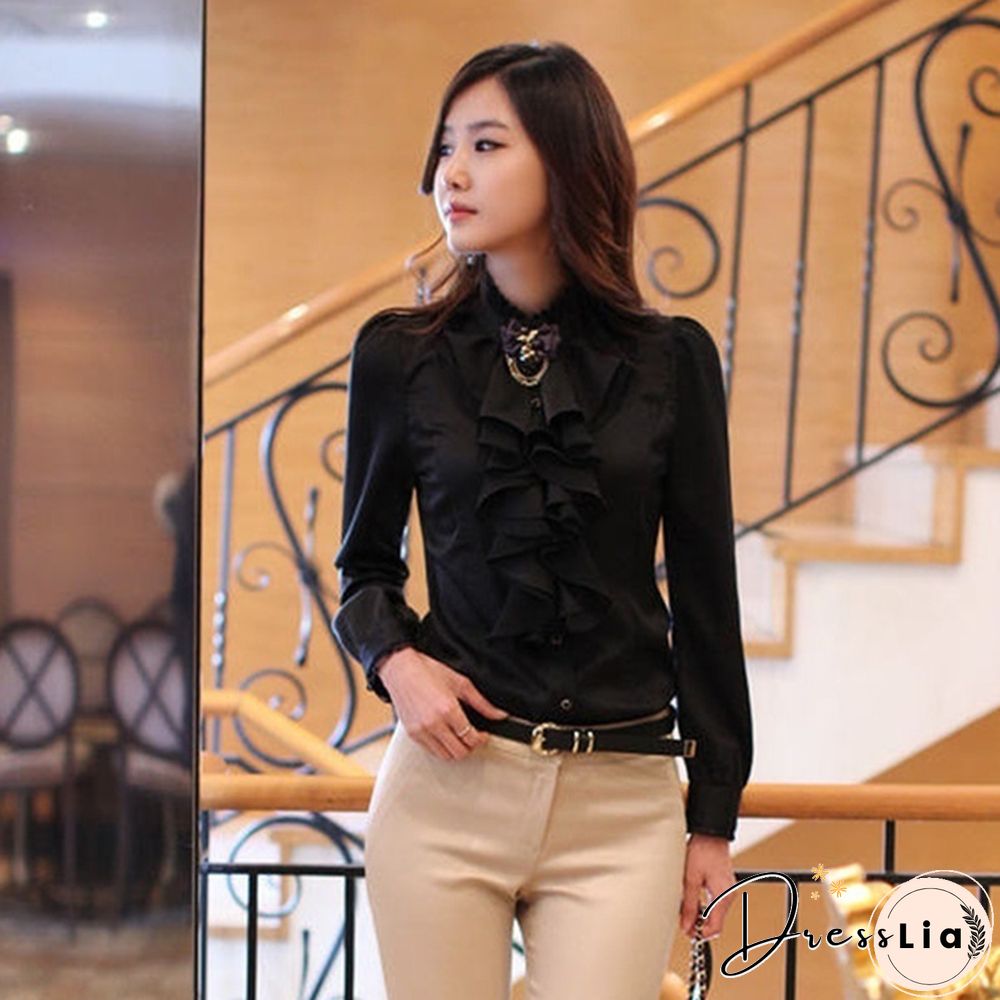 Womens Satin Silk-like Long Sleeve Office Slim Shirt Frill Drape Ruffle Trim Stand Collar Blouse Top