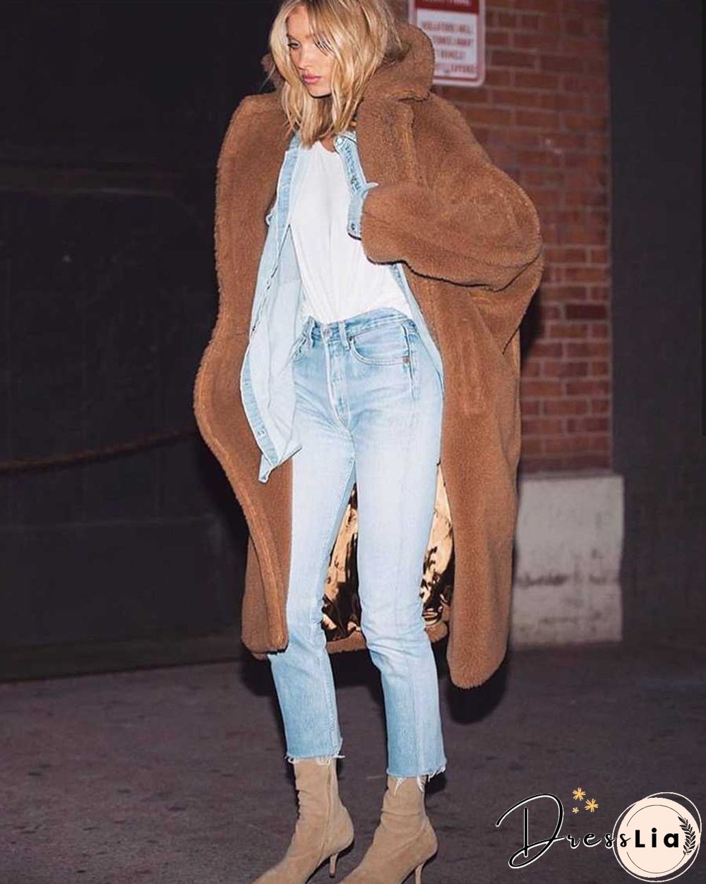 Long Faux Fur Camel Teddy Coat Maxi Jackets