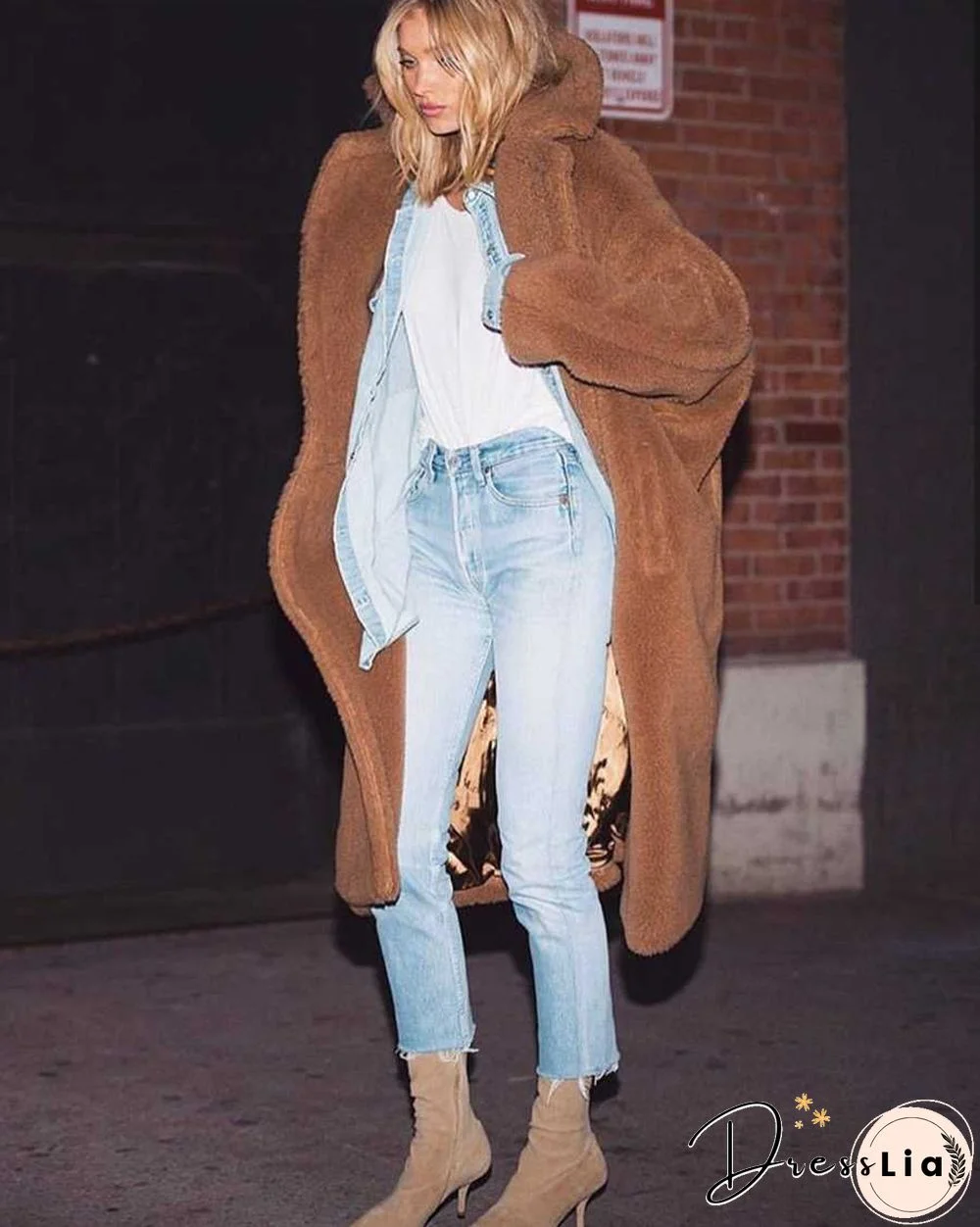 Long Faux Fur Camel Teddy Coat Maxi Jackets