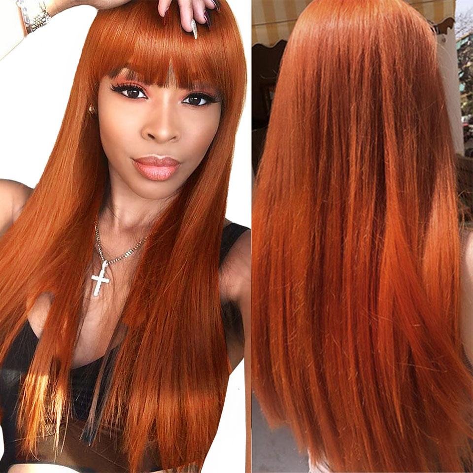 100% Human Hair Machine Made Brazilian Orange Straight Wig With Bangs