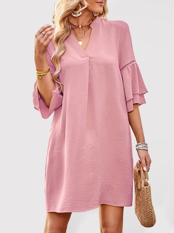 Mature Women Casual Summer Solid Color Loose V-neck Skirt Dress