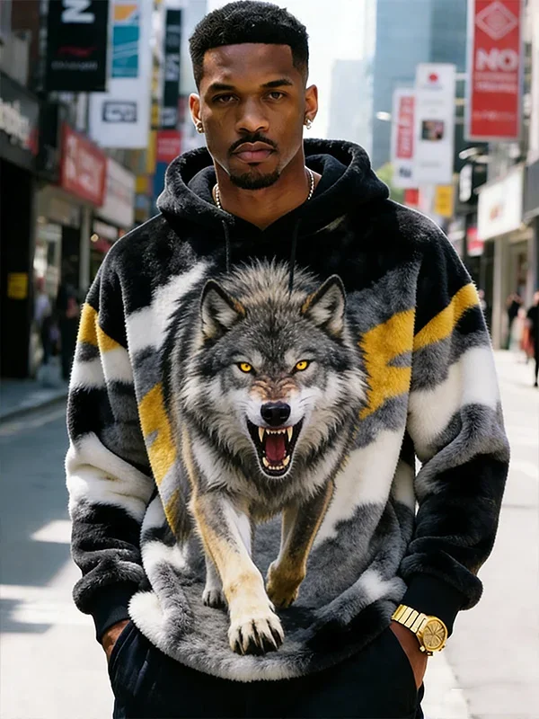 Men's Viking Wolf Print Casual Flannel Sweatshirt