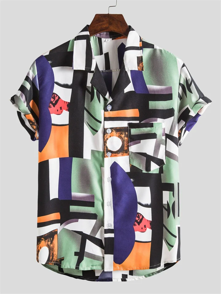 Men's Casual Vacation Style Sports Loose Colorblocking Slim Printed Short-sleeved Lapel Pocket Shirt Men's Cardigan-Mixcun