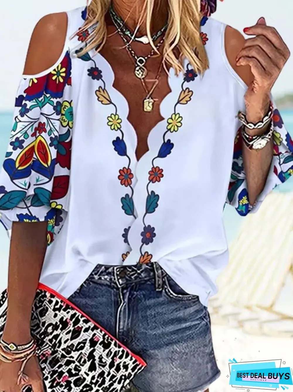 Half sleeve V Neck Floral Tops