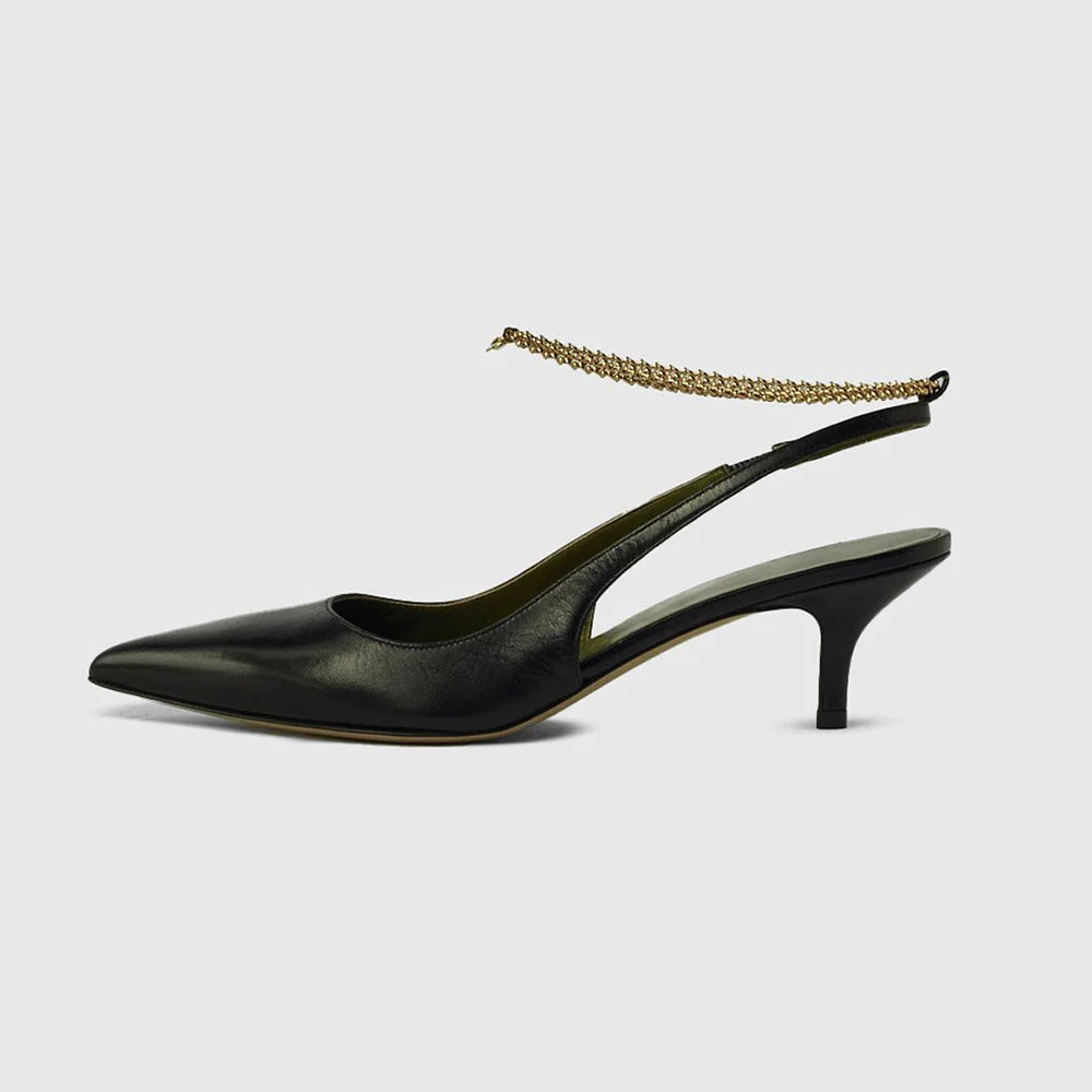 YDN Simple Black Pointed Toe Stiletto Heel Chain Slingback Pumps