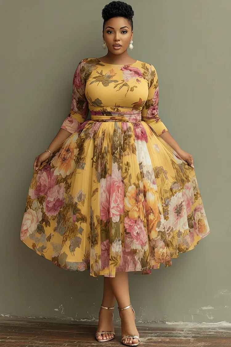 Xpluswear Design Plus Size Vacation Sage Green Floral Round Neck 3/4 Sleeve See Through Tulle Midi Dresses 2024 - Xpluswear