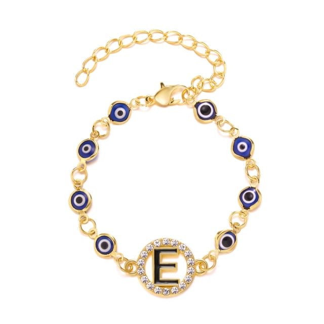 YOY-Gold Color Bangle Rhinestone Blue Eyes Letter Bracelet For Women