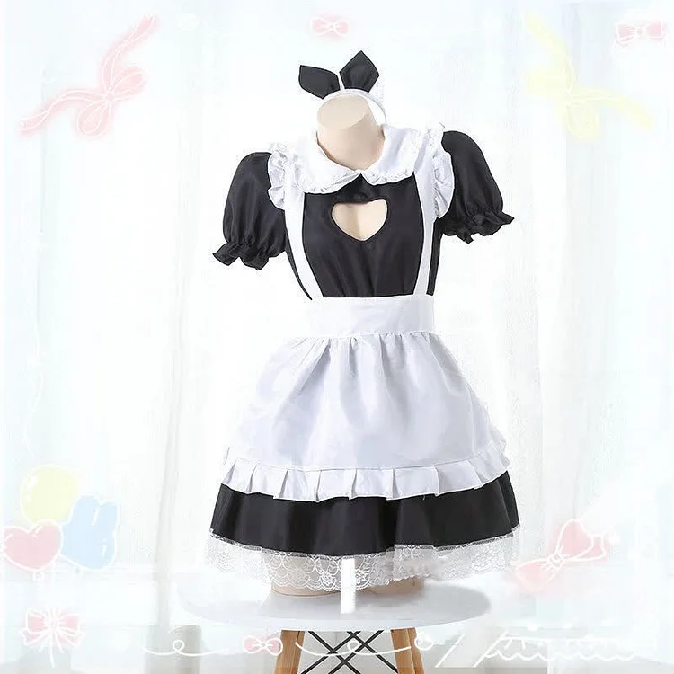 Doll Collar Love Heart Hollow Out Ruffled Maid Dress - Modakawa Modakawa