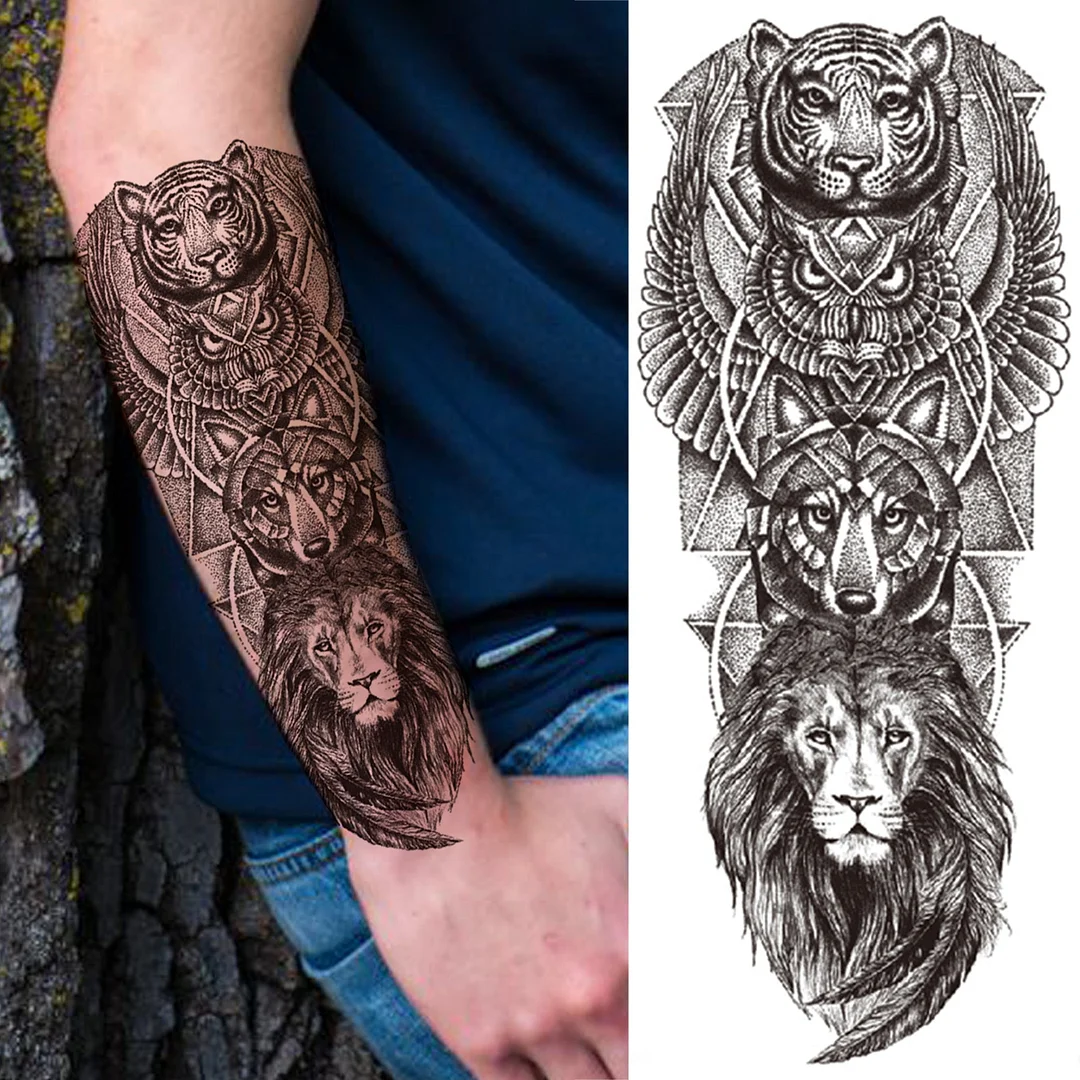 Crown Lion Cross Temporary Tattoos For Men Women Tiger Demon Rose Forest Fake Tattoos Forearm Thigh Half Sleeve Tatoos Stickers
