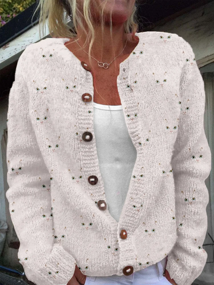 Cute Cat Face Pattern Cozy Knit Cardigan