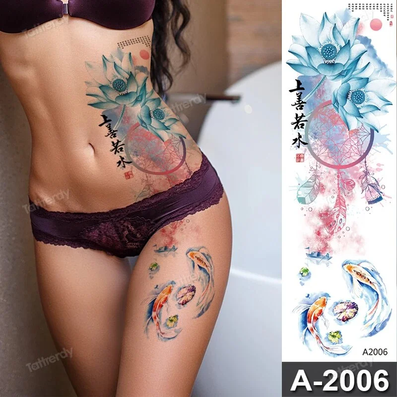 Sdrawing Size Leg Thigh Temporary Tattoo Stickers Full Arm Sleeve Wolf Carp Fox Peony Flower Fake Tattoo Sleeves Sexy Body Painting