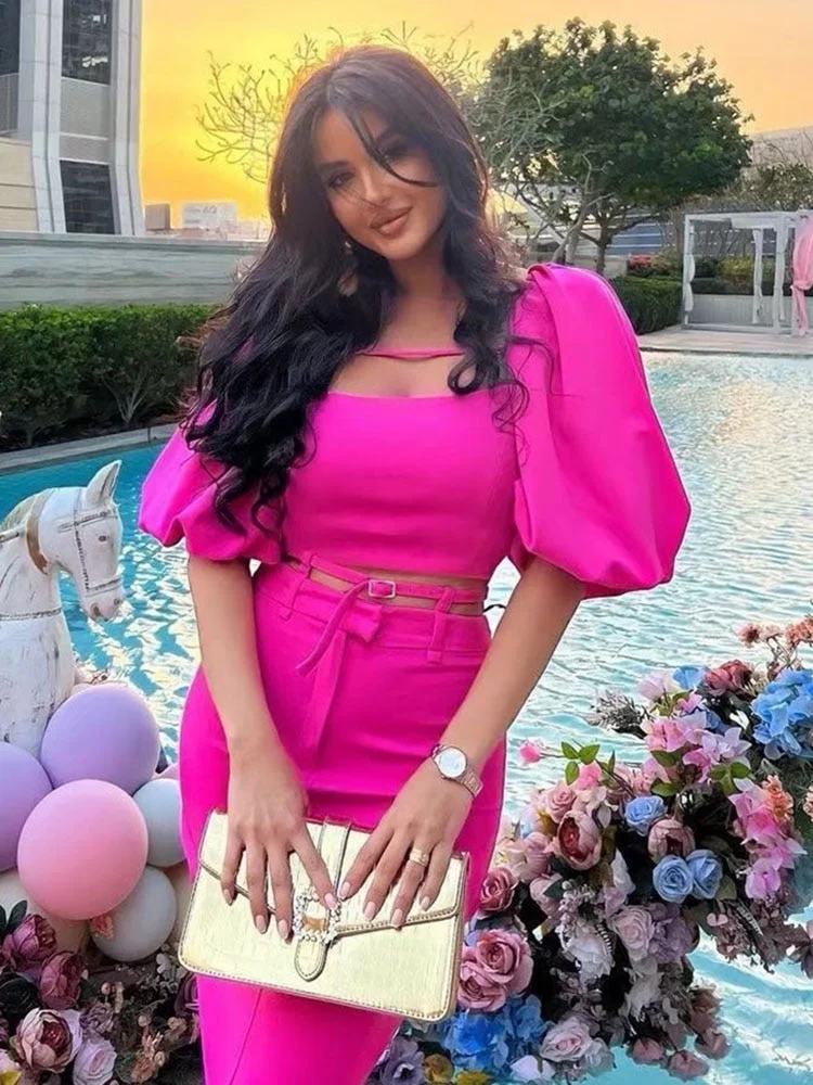 Back to school  2022 Rose Red Cropped Top Women Sexy Backpack Hip Skirt Short Puff Sleeve Top Women Fashion Summer Streetwear