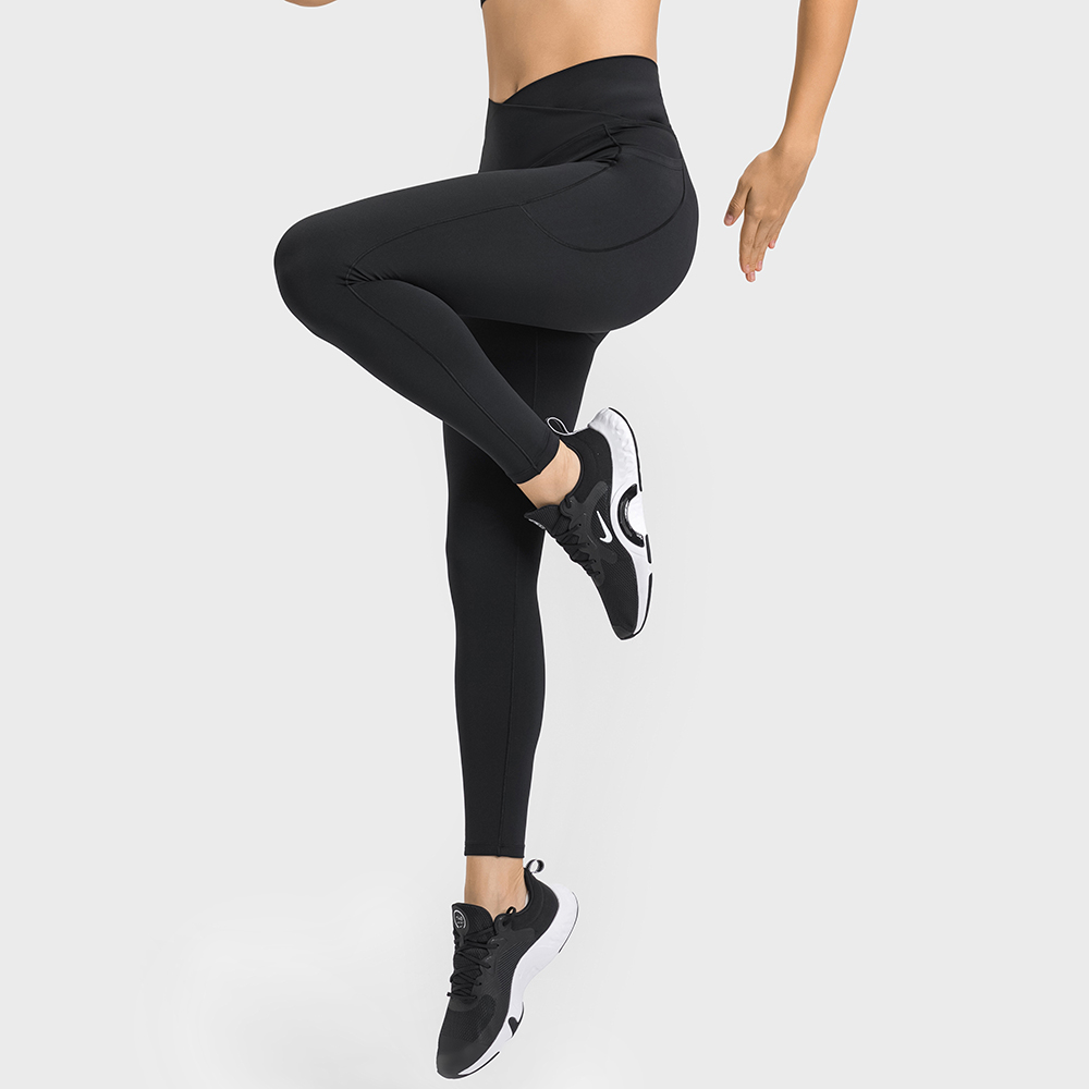 Buy Hergymclothing Black no front seam high waist criss cross capri leggings with side pockets online
