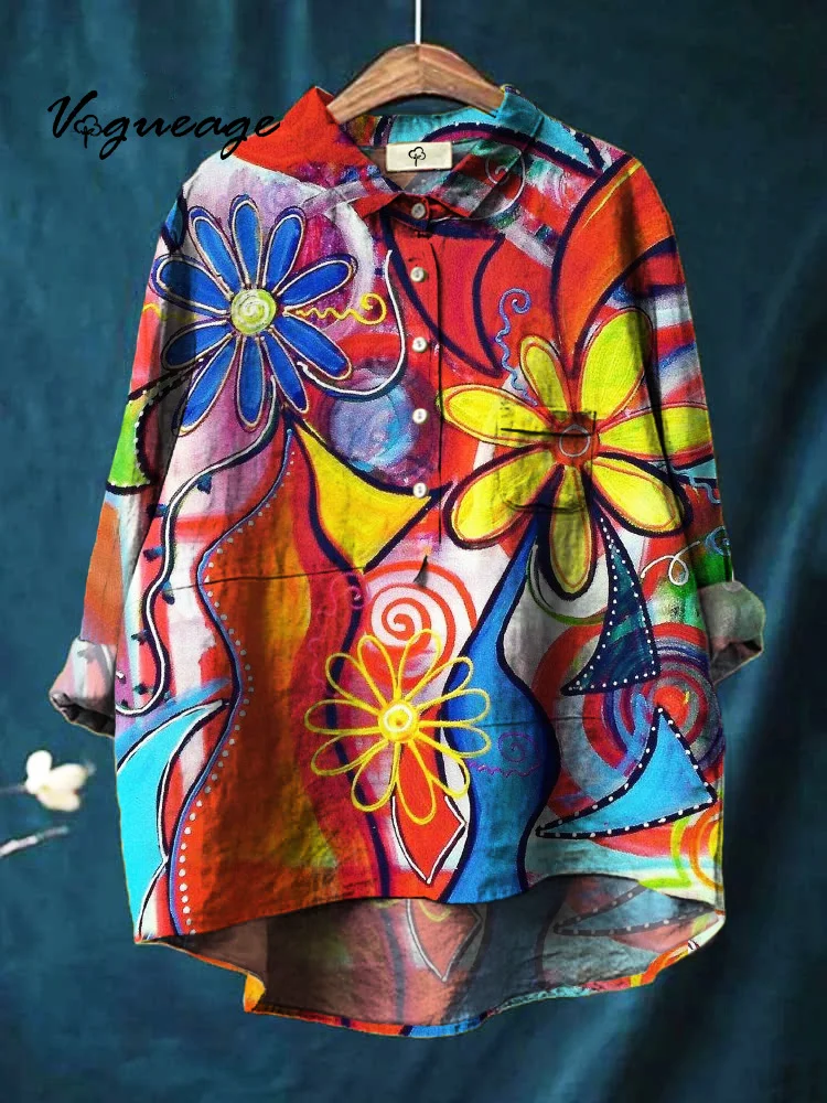 Simple Stylish And Casual Flowers Printed Cotton And Linen Shirt