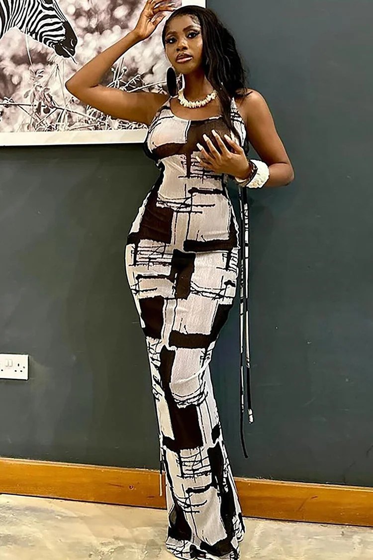 Graphic Print U Neck Open Back Bodycon Slip Maxi Dresses-Black