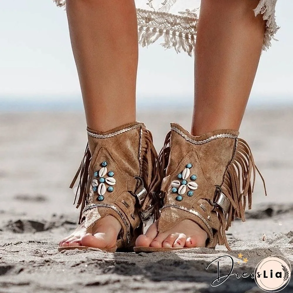 Women's Fashion Tassel Roman Boho Sandals Flock Retro Ankle Sandal Shoes Summer Flats Flip Flops Bohemian Beach Boot Shoes Plus Size