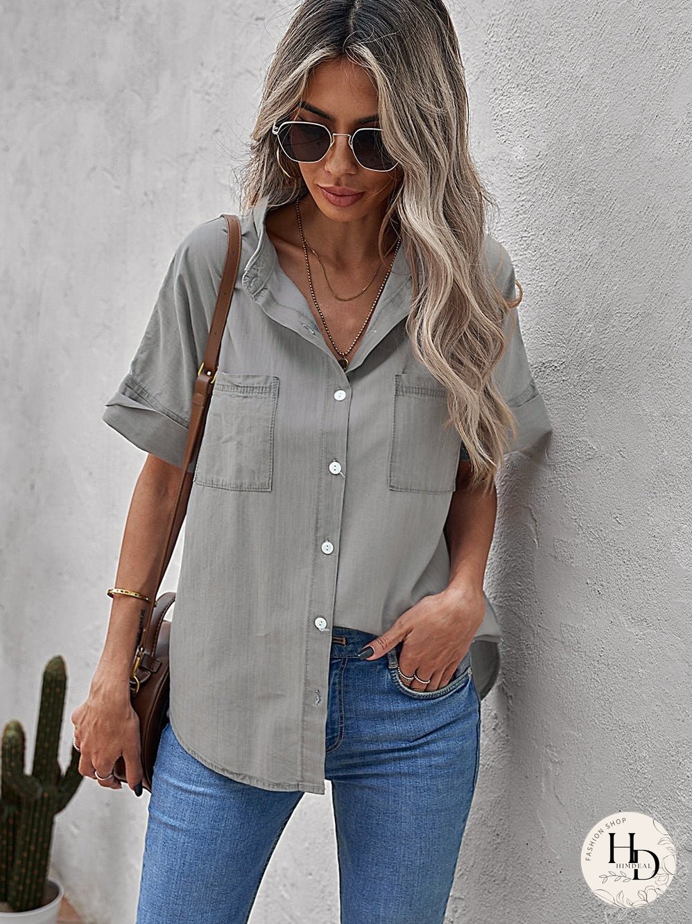 Chic Boyfriend Style Denim Shirt with Short Sleeves