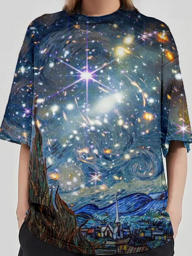 Starr Night inspiriertes Glitzer-Kunst-T-Shirt mit Rundhalsausschnitt