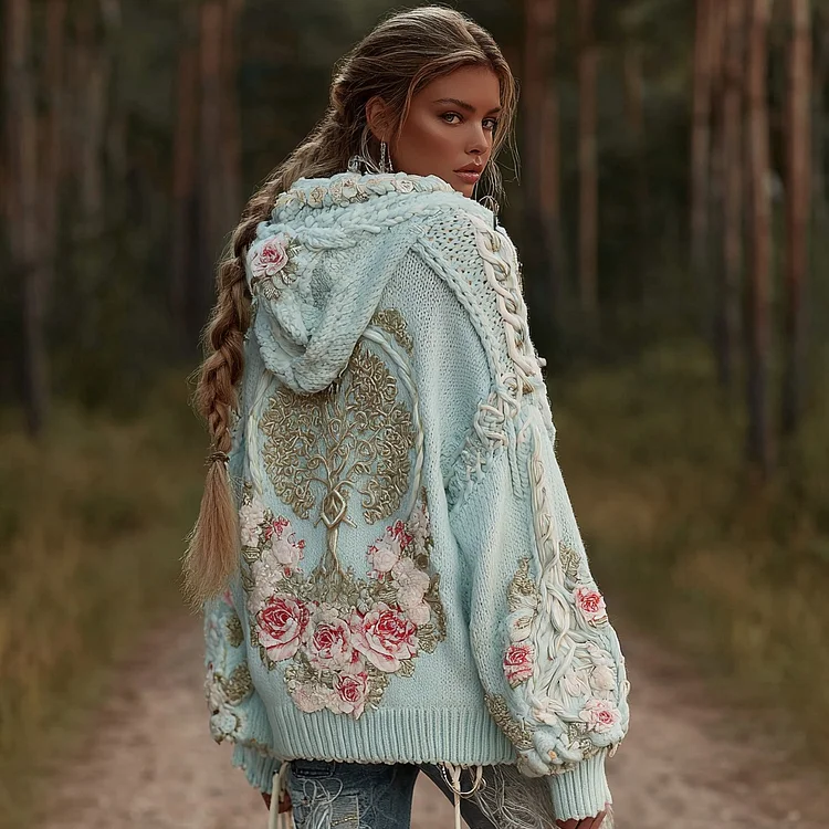 Women's Vintage Viking Metal Tree Of Life And Roses Knitted Hooded Sweater