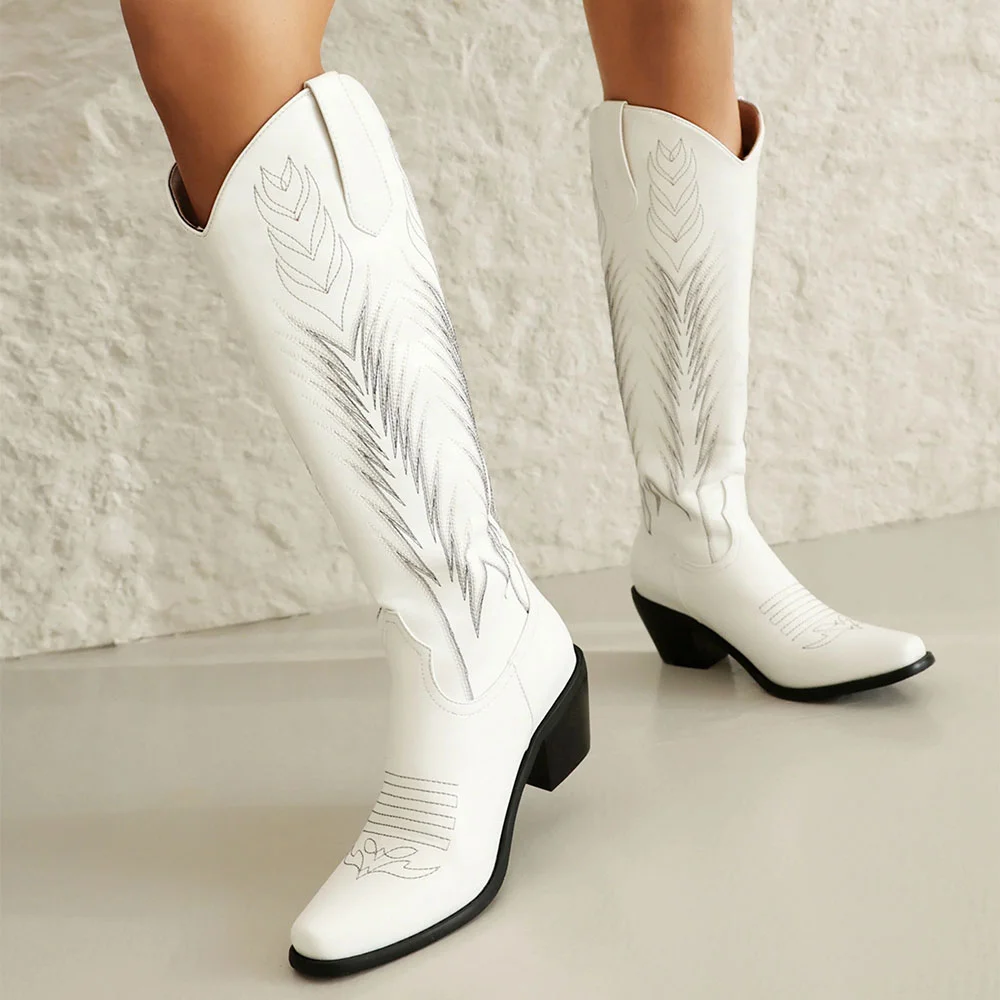 Snip Toe Chunky Heel Embroidered Western Boots for Women in White