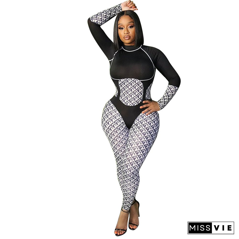 Patchwork Print O Neck Long Sleeve Bodycon Jumpsuit
