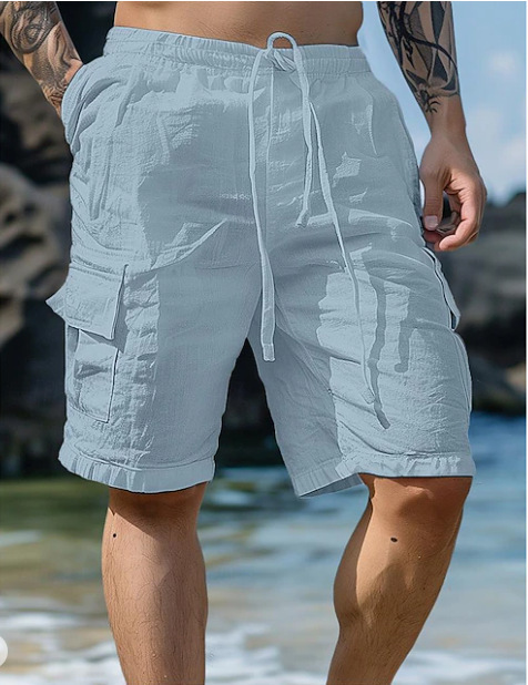 Men's daily casual cotton and linen solid color breathable five-point casual pants