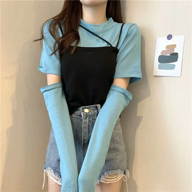 Toloer Toloer 2024 New Korean Wind Detachable Sleeve Knit T-Shirt Knit Sling Vest Wearing A Suit Schoolgirl-Outfit Ideas