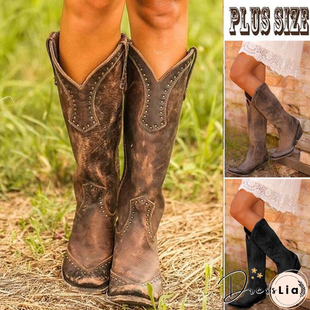 Women Fashion Knee High Leather Boots Meideval Vintage Cowboy Boots Long Boots Autumn Winter Warm Pointed Toe Flat Boots High Quality Women Ankle Boots Shoes Plus Size:34-43