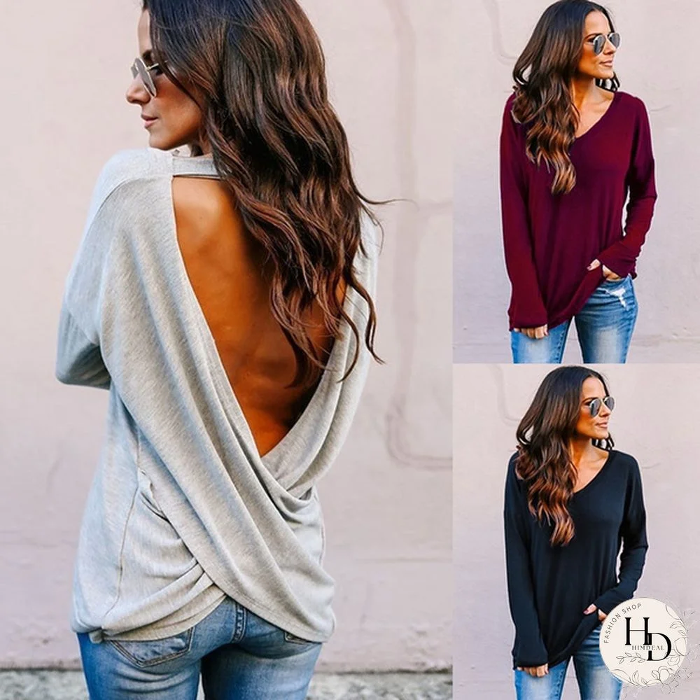 Spring/Autumn Solid V-neck Long Sleeve Backless Top Casual Loose T Shirt Women Tops