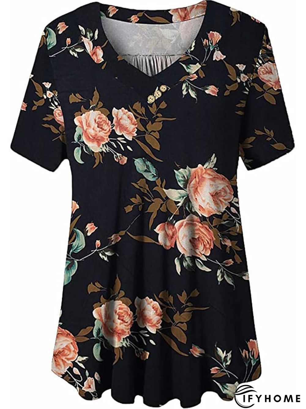 Women's Shirt Blouse Denim Blue Black White Leopard Floral Print Short Sleeve Casual Holiday Basic V Neck Regular Floral Plus Size M | IFYHOME