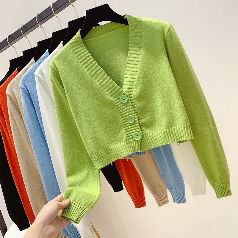 Knitted Crop Cardigan Women Korean Short Sweater Long sleeve V neck Green Blue