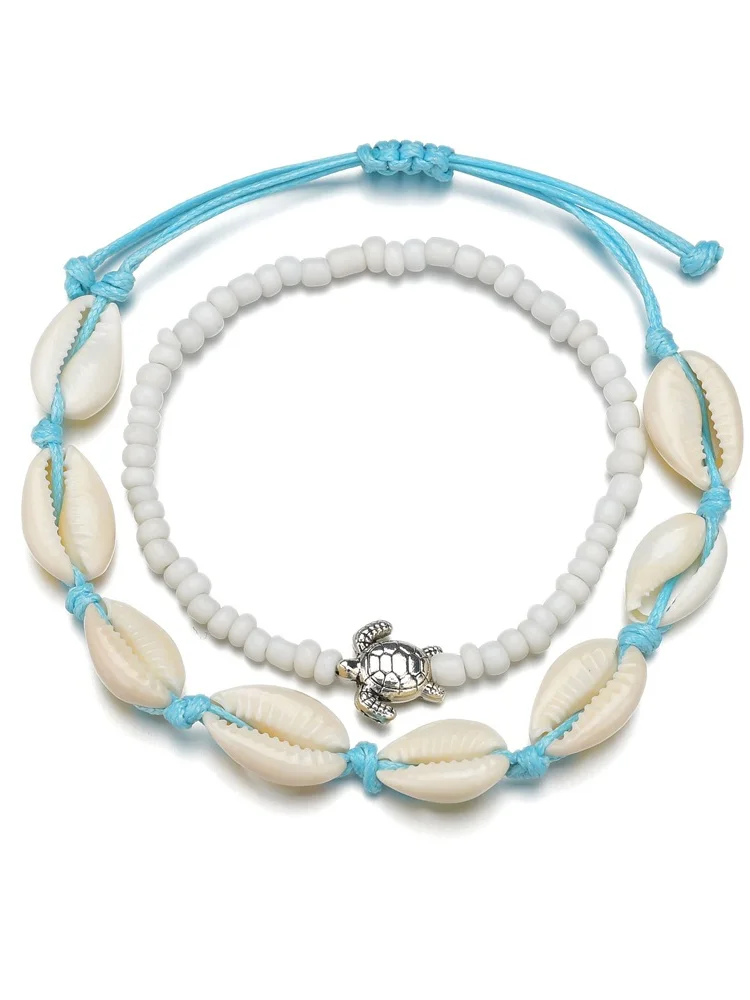 Shell Sea Turtle Beaded Anklet Two Piece Set