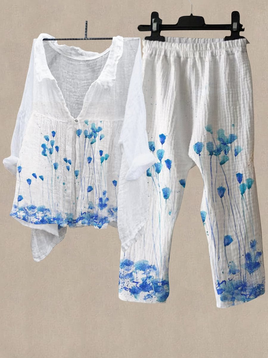 Women's Garden Print Shirt Collar Top And Casual Pants Linen Two Pieces