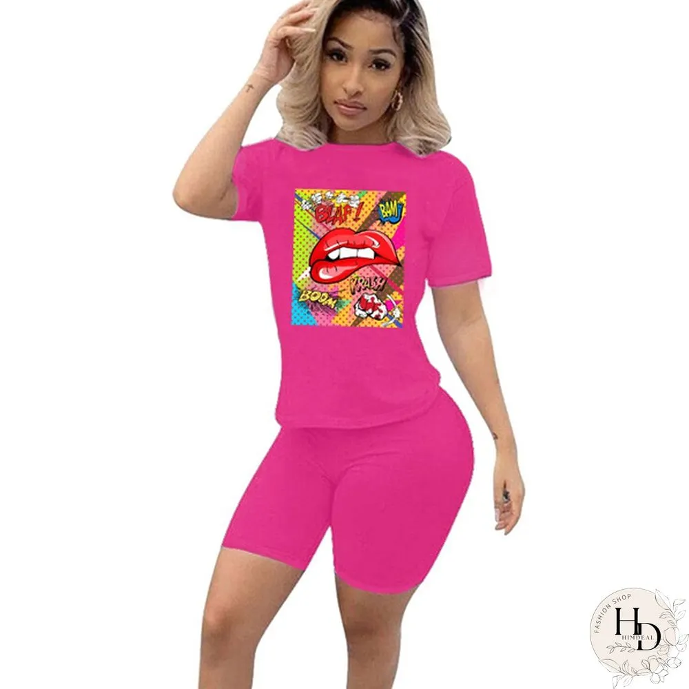 Womens Two Piece Set Cute Nibble Lips Print Short Sleeve Top With Skinny Shorts Pants