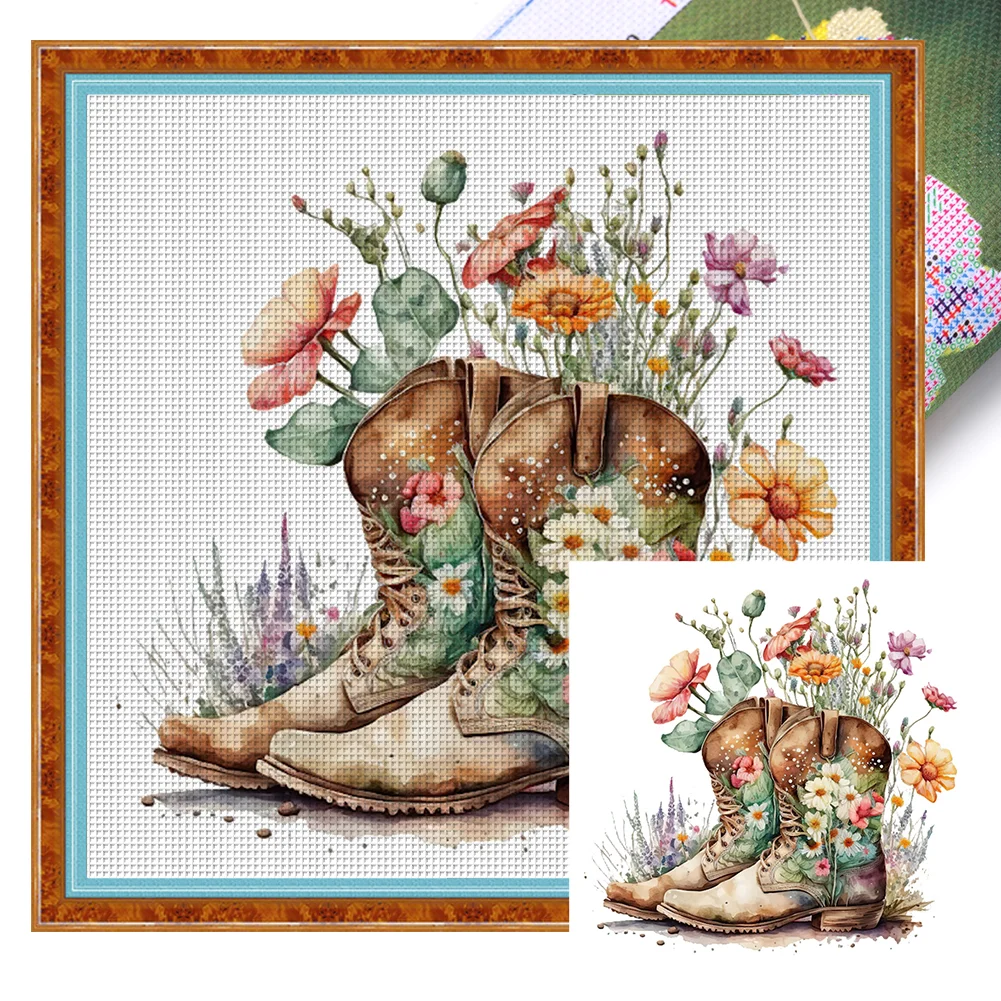 18CT Full Stamped Cross Stitch Kit - Flowers in Boots (30*30CM)