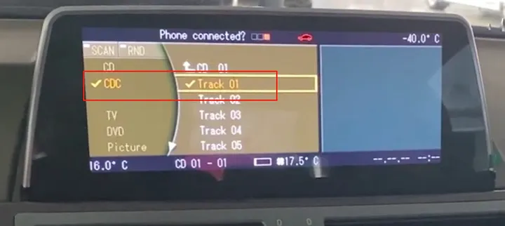 BMW E65 E66 CDC menu with MOST fiber optic AUX adapter