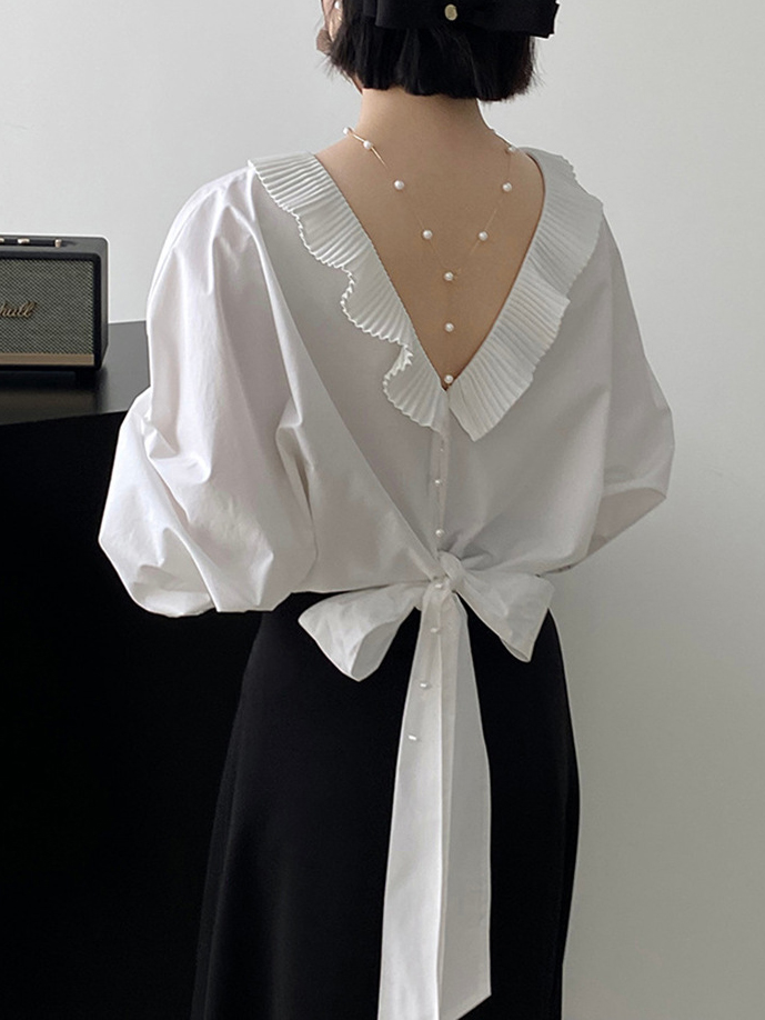 Back V Neck Tie Up Puff Sleeve Solid Color Top