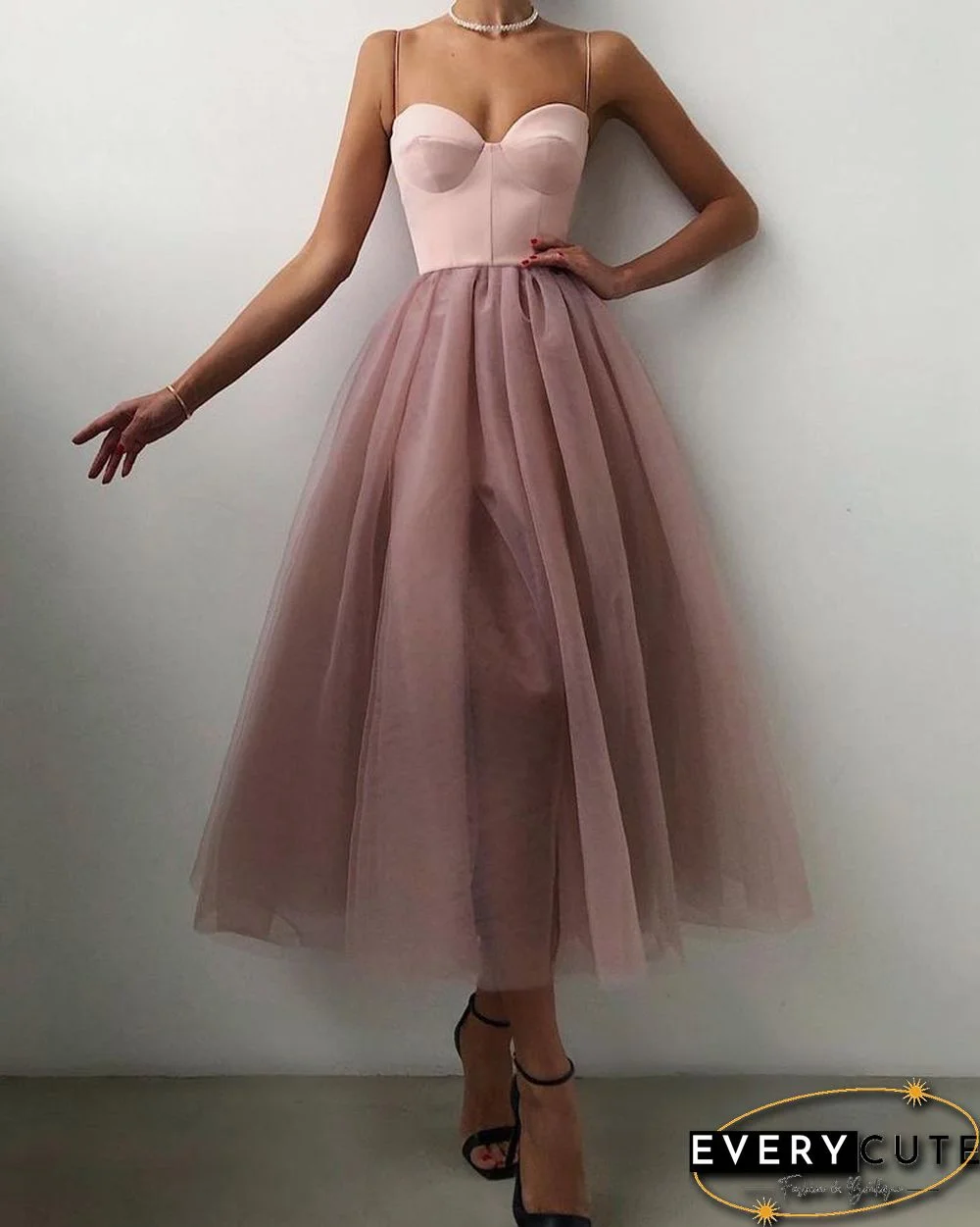 Spaghetti Strap Plain Sheer Mesh Evening Dress P15389