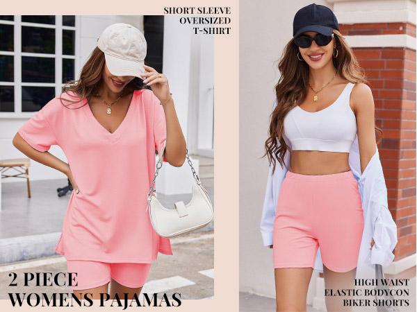 EKOUAER V-neck comfort Two-Piece Pajama Set For Women Summer Casual  Split Hem Shirts & Biker Shorts Minimalist Lounge Wear Soft Homewear Cozy Pjs Clothes Comfy