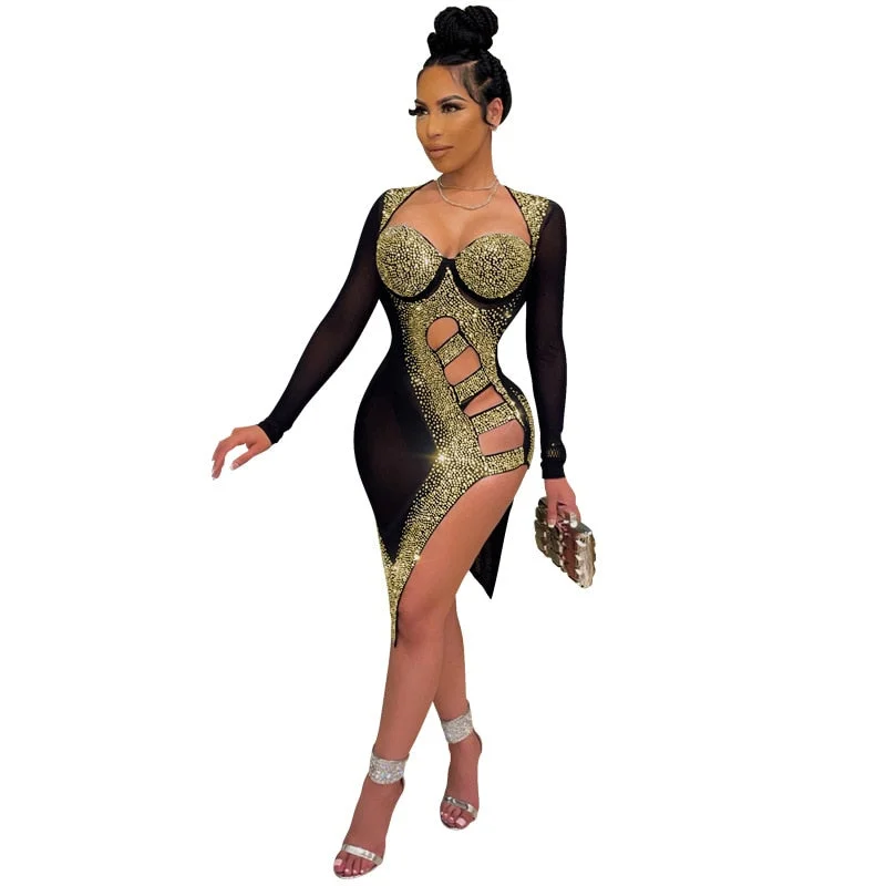 CM.YAYA Women Hot Rhinestone Mesh See Though Bodycon Dress Sexy Night Party Clubplunging Neck Lace Up Side Slit Midi Dresses