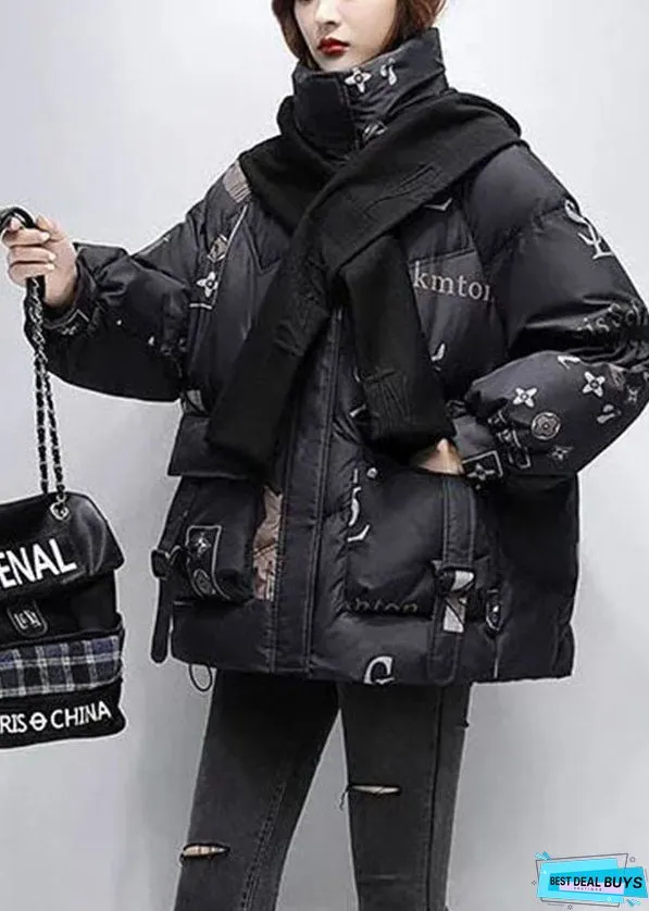 Women Black Letter Print Hooded Scarf Duck Down Down Coat Winter